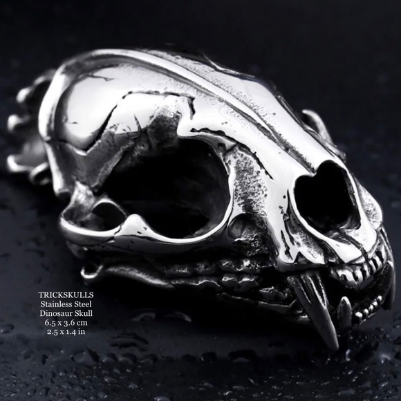 Sabre-Toothed Tiger Smilodon Big Cat Dinosaur Skull Stainless Pendant & Chain - Picture 7 of 13